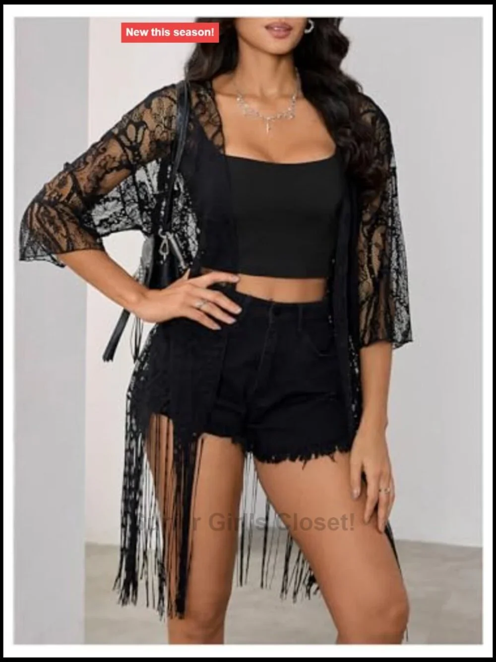 Lace Sheer Fringe Kimono Open Front Long Sleeve Beach Cover Up